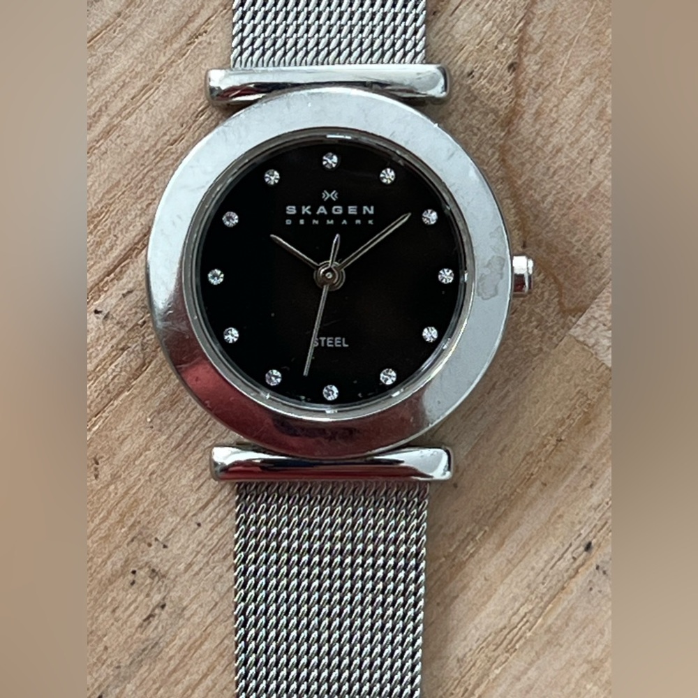 Skagen Steel Denmark Ladies Watch Stainless Mesh Bracelet Black Dial Crystals